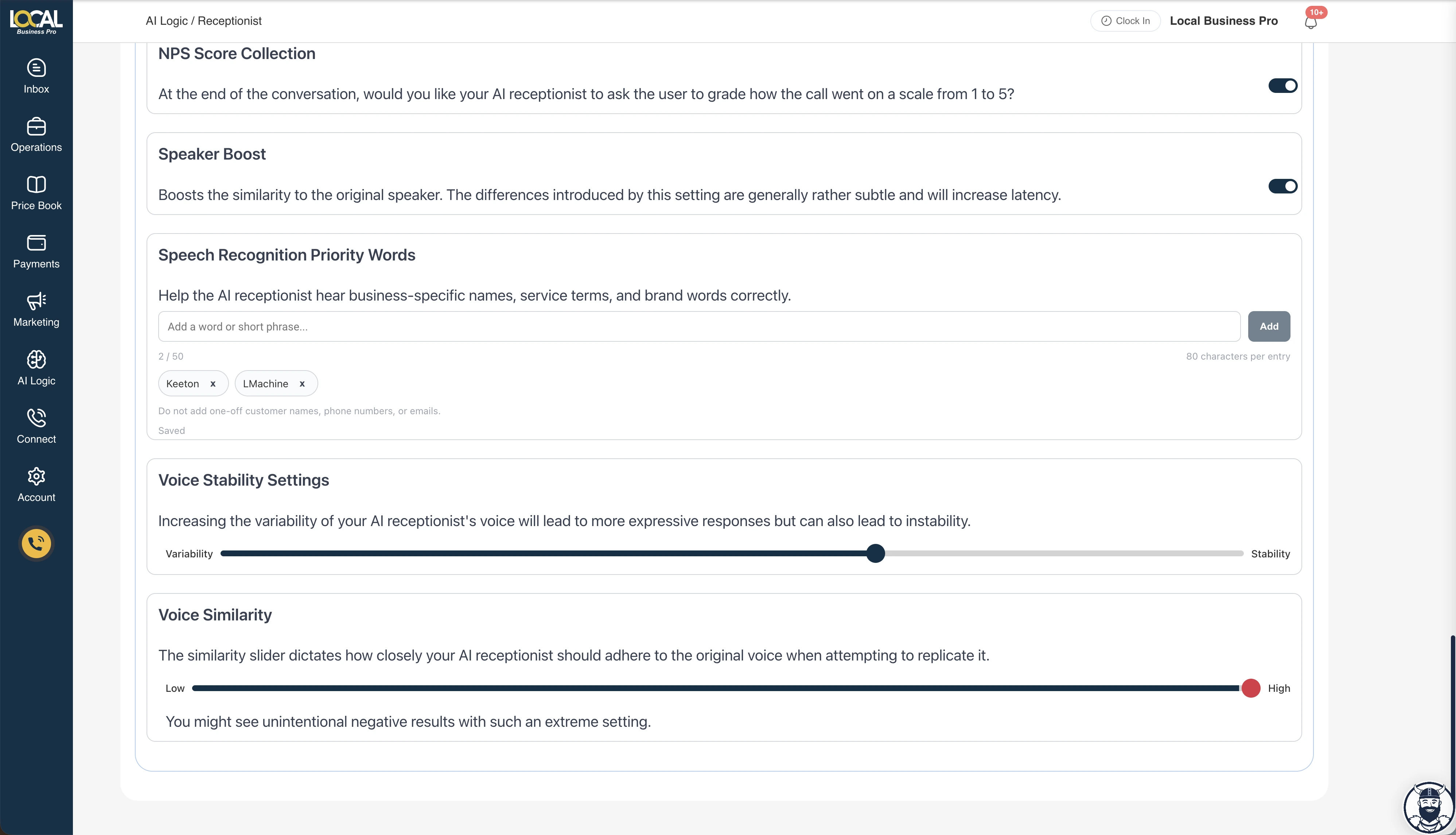 Speech Recognition Priority Words setting in Local Business Pro