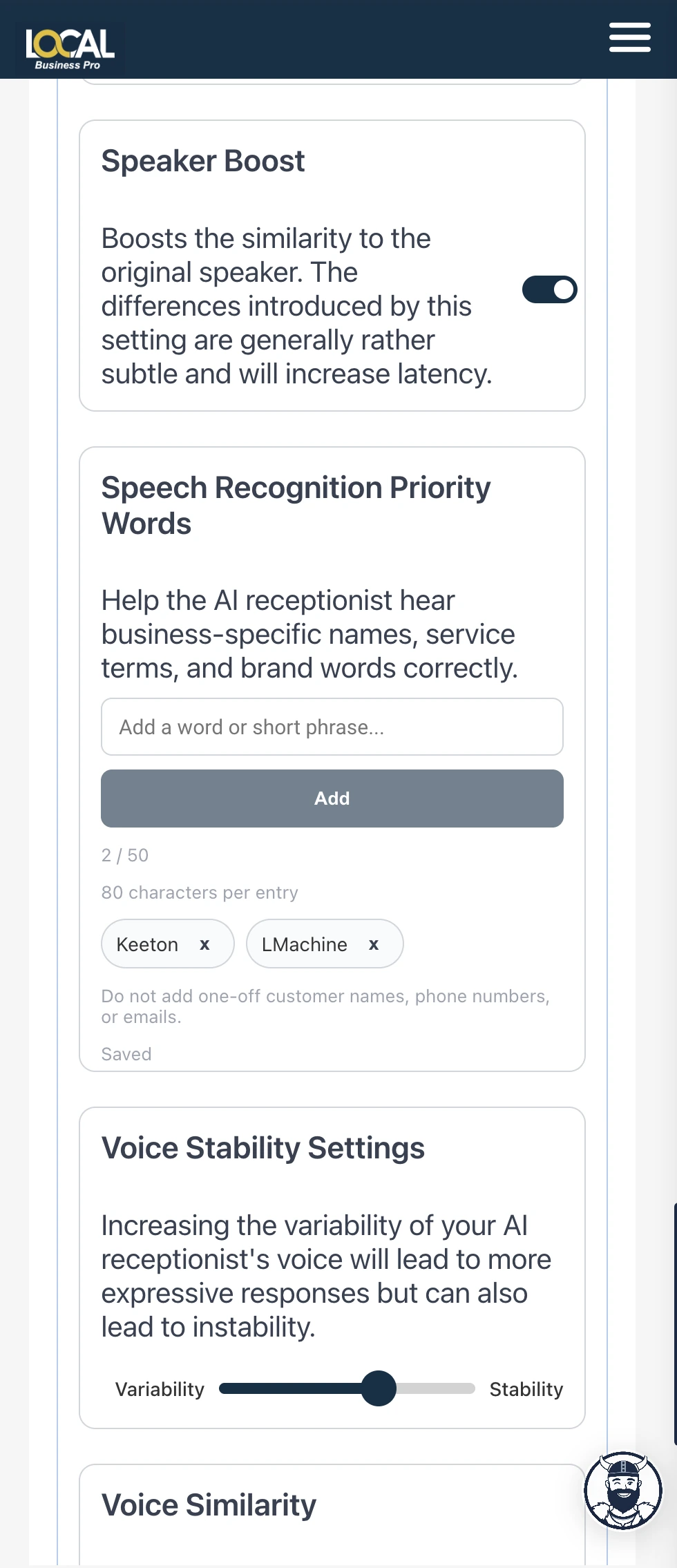 Speech Recognition Priority Words setting on mobile in Local Business Pro